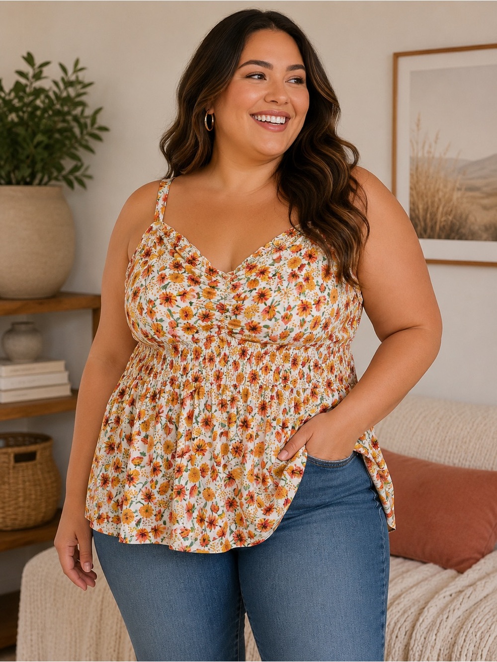 Torrid Floral Smocked V-Neck Tank Top